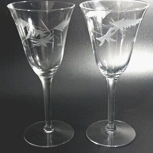 2 Weston Art Deco Floral Wine Glasses 7.5" vintage etched 1960s American MCM
